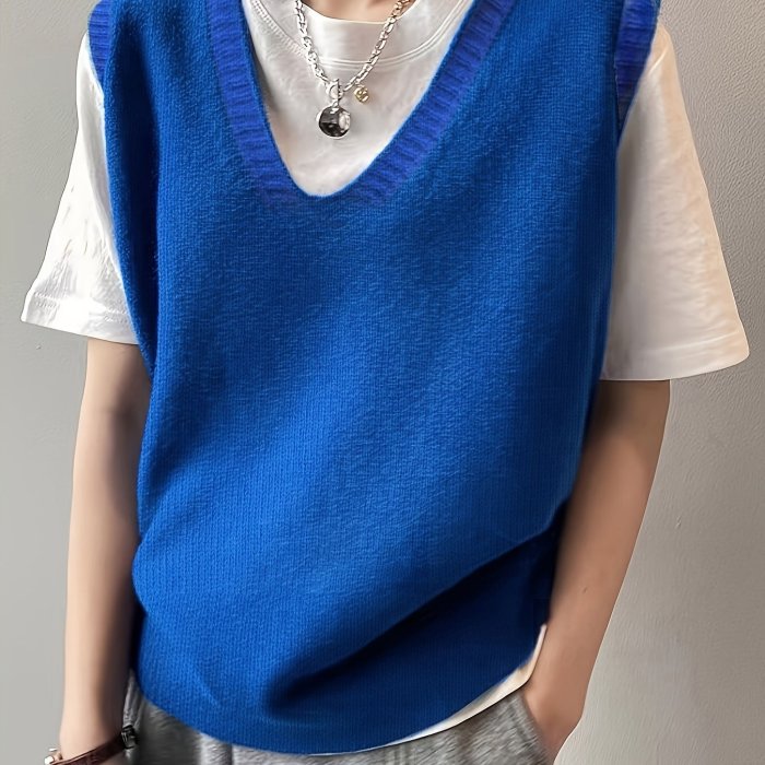 Solid V Neck Sweater Vest, Elegant Sleeveless Vest For Spring & Fall, Women's Clothing