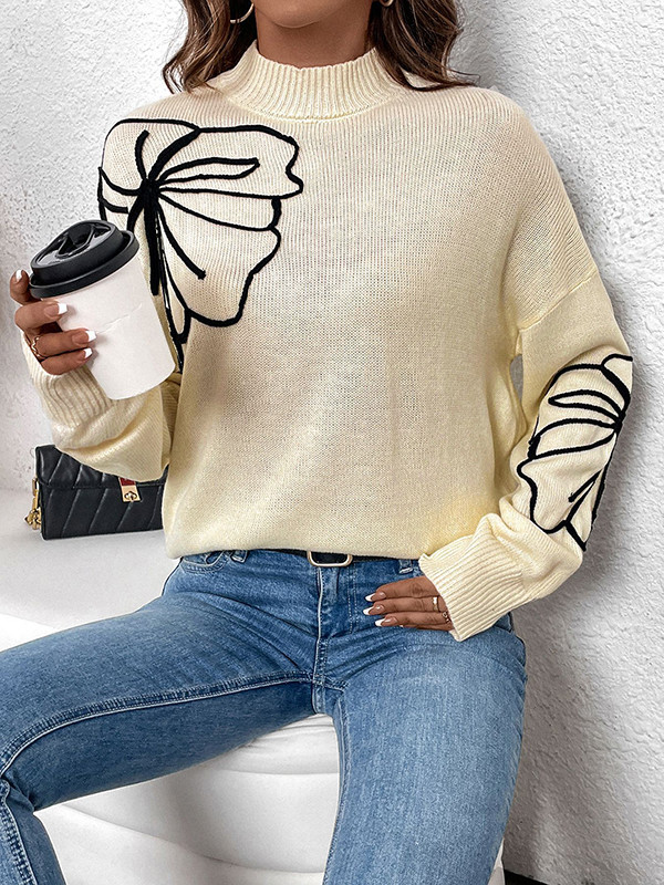 Long Sleeves Loose Flower Shape Split-Joint High Neck Sweater Tops