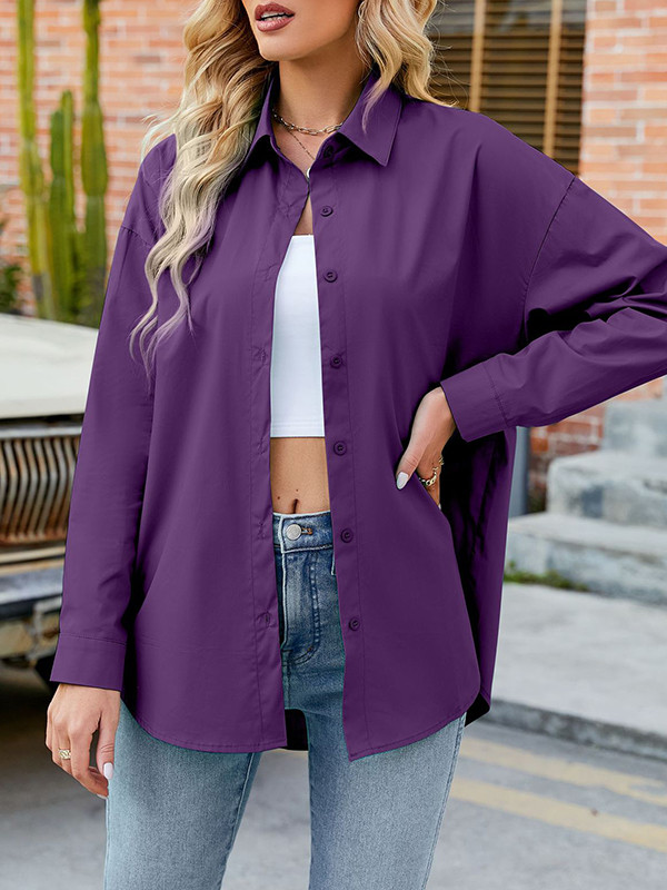 Long Sleeves Loose Buttoned Solid Color Split-Joint Lapel Blouses&Shirts Tops
