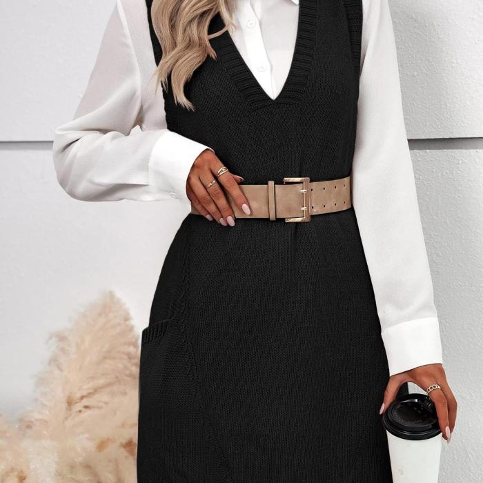 2024 Women's Oversized Sleeveless V-Neck Ribbed Knit Sweater Vest with Pockets