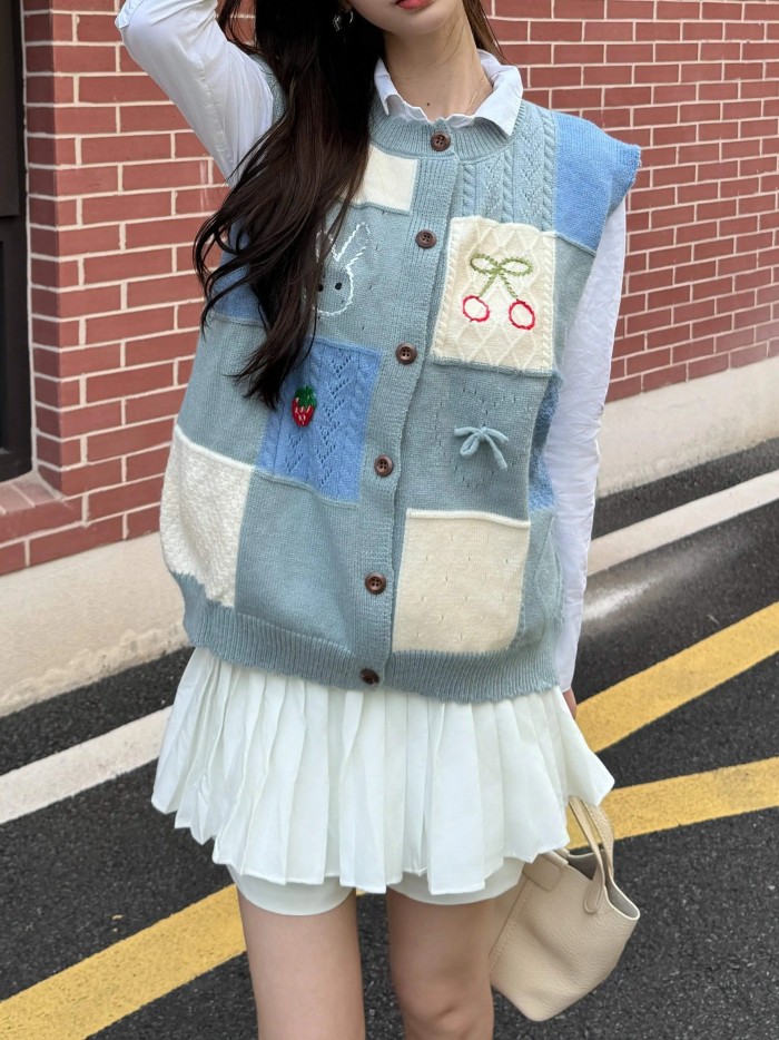 Strawberry Pattern Crew Neck Vest, Cute Color Block Button Front Scallop Trim Sweater Vest, Women's Clothing