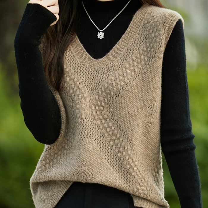 Women's Knitted Sweater Vest Top - V-Neck Hollow-Out Design, Casual Fall\u002FWinter Pullover, Polyester, No Bra Pad, Japanese\u002FKorean Special Collection