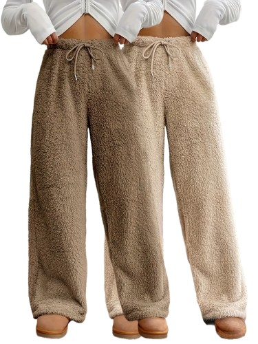 Cozy High-Waisted Solid Color Fuzzy Straight Leg Pants - Soft Micro Elastic Polyester Fabric, Wide Leg Drawstring Design, Hand Wash Only, Casual Fall\u002FWinter Wear for Women - Elegant and Comfortable