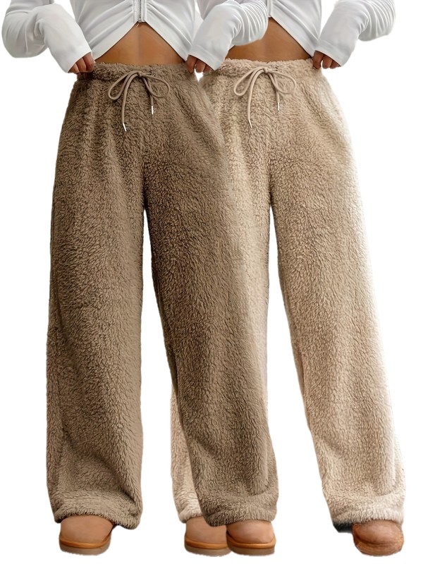 Cozy High-Waisted Solid Color Fuzzy Straight Leg Pants - Soft Micro Elastic Polyester Fabric, Wide Leg Drawstring Design, Hand Wash Only, Casual Fall\u002FWinter Wear for Women - Elegant and Comfortable