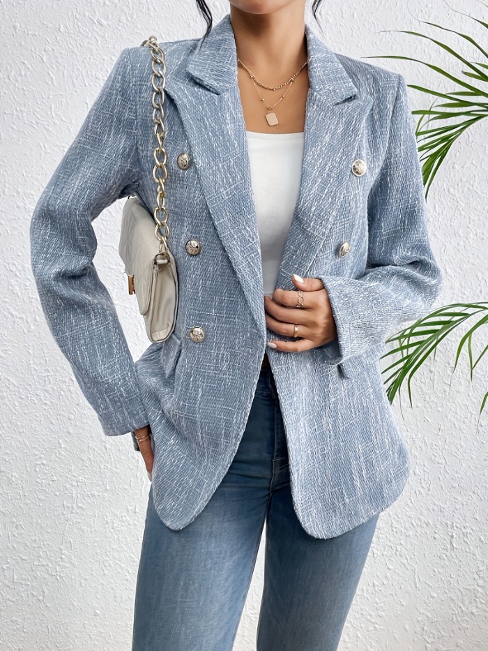 Solid Color Double Button Blazer, Stylish Lapel Collar Long Sleeve Blazer For Spring & Fall, Women's Clothing