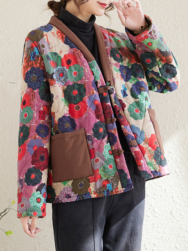 Long Sleeves Loose Buttoned Flower Print Pockets Split-Joint Velvet V-Neck Outerwear Padded Coat
