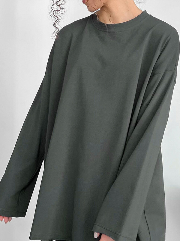 Solid Color Long-Sleeved Baggy Top