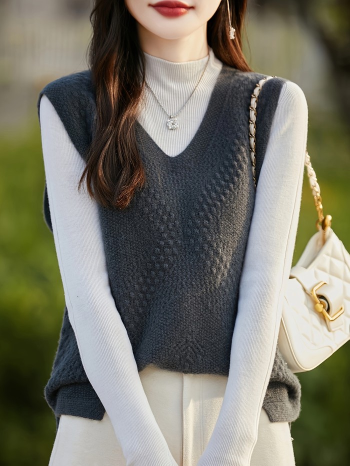 Women's Knitted Sweater Vest Top - V-Neck Hollow-Out Design, Casual Fall\u002FWinter Pullover, Polyester, No Bra Pad, Japanese\u002FKorean Special Collection