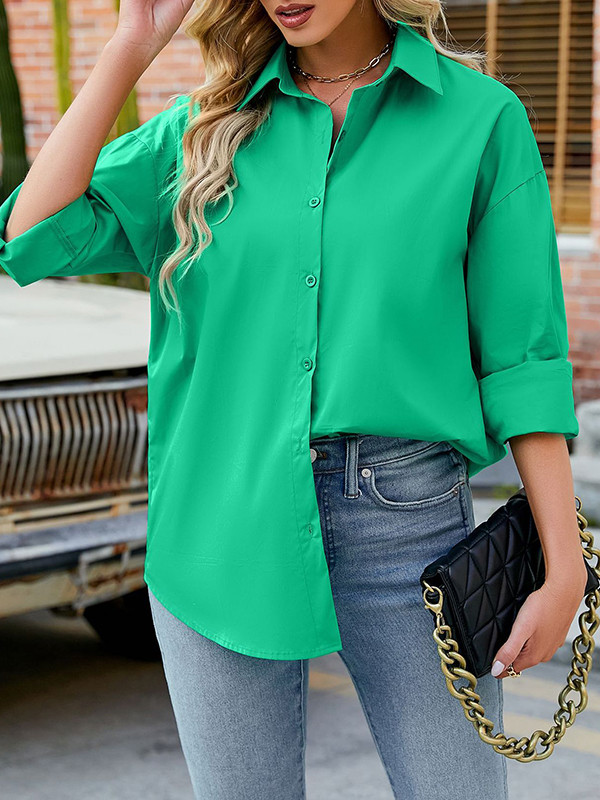 Long Sleeves Loose Buttoned Solid Color Split-Joint Lapel Blouses&Shirts Tops