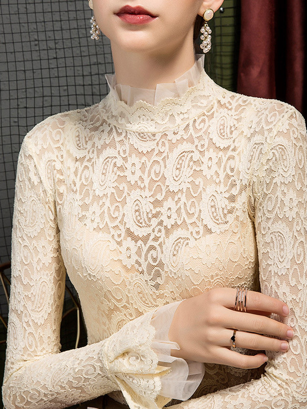 Flared Sleeves Long Sleeves See-Through Solid Color Split-Joint Mock Neck T-Shirts Tops