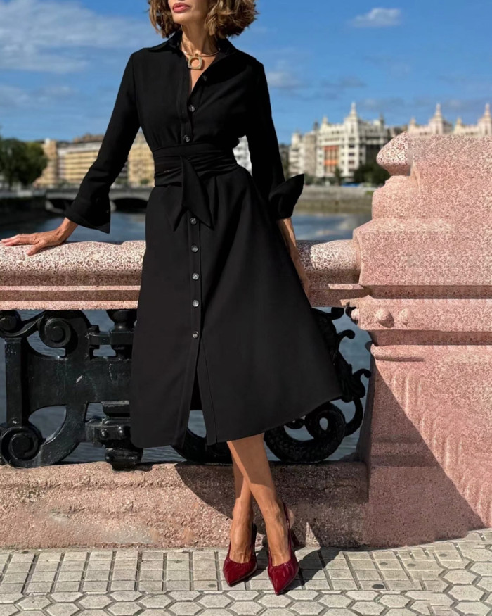 Commuter Solid Color Lapel Shirt Dress