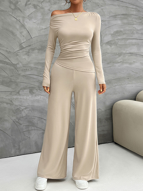 Solid Color Split-Joint Long Sleeves Skinny Pleated Boat Neck Asymmetric T-Shirt Top + Pockets Pants Bottom Two Pieces Set