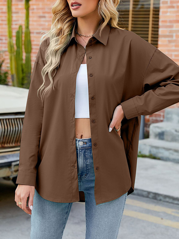 Long Sleeves Loose Buttoned Solid Color Split-Joint Lapel Blouses&Shirts Tops