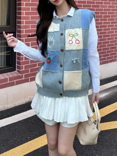 Strawberry Pattern Crew Neck Vest, Cute Color Block Button Front Scallop Trim Sweater Vest, Women's Clothing