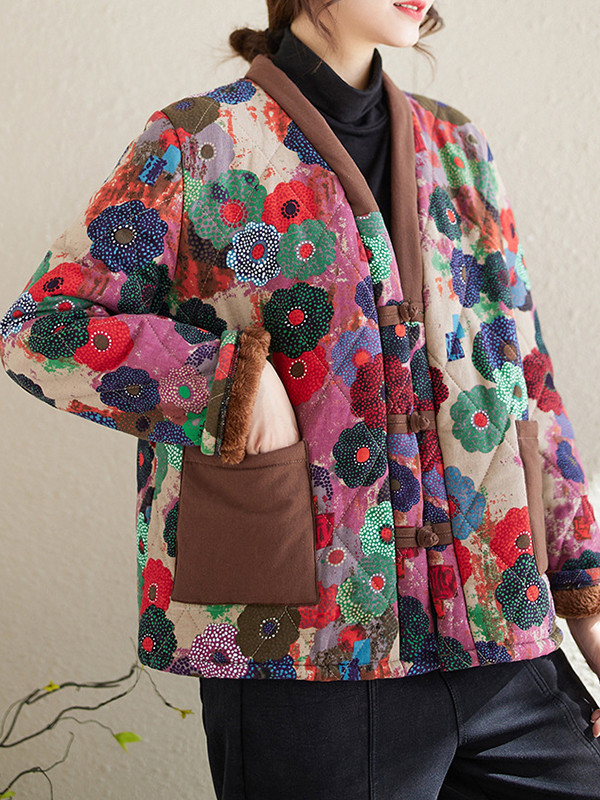 Long Sleeves Loose Buttoned Flower Print Pockets Split-Joint Velvet V-Neck Outerwear Padded Coat
