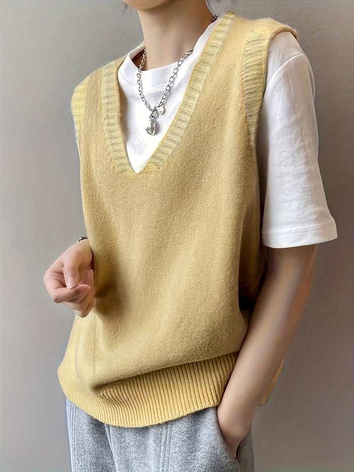 Solid V Neck Sweater Vest, Elegant Sleeveless Vest For Spring & Fall, Women's Clothing