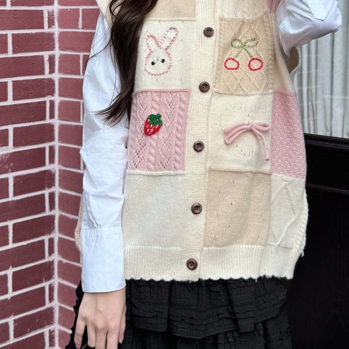 Strawberry Pattern Crew Neck Vest, Cute Color Block Button Front Scallop Trim Sweater Vest, Women's Clothing