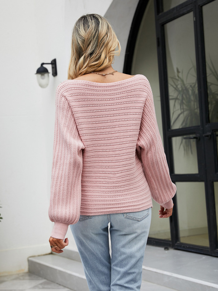 Women's Solid Color Bat Knit Off-Shoulder Pullover Sweater
