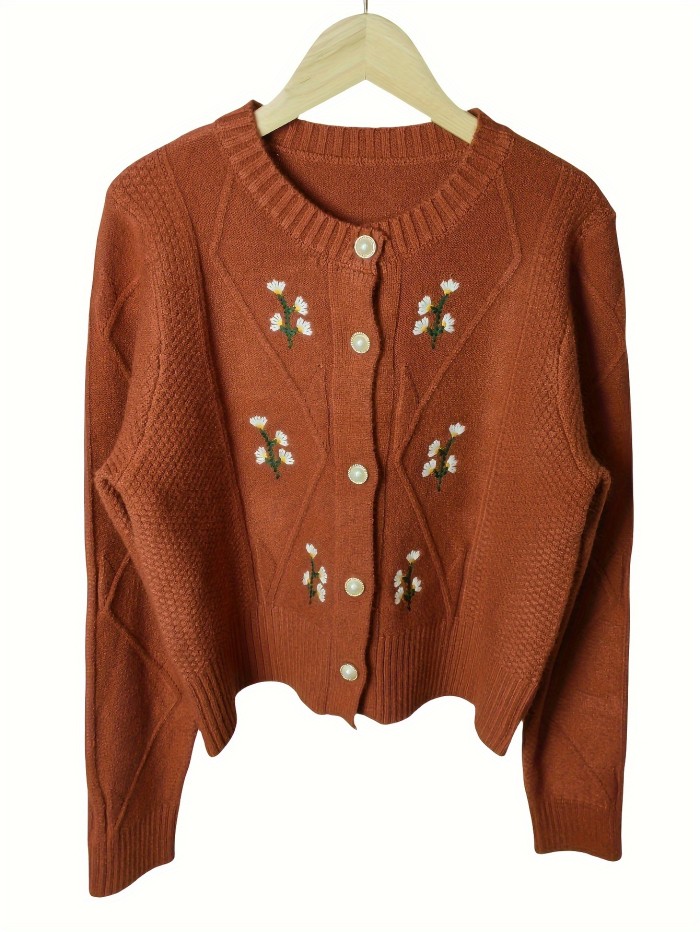 Floral Embroidery Crew Neck Cardigan, Casual Button Front Long Sleeve Cardigan For Fall, Women's Clothing