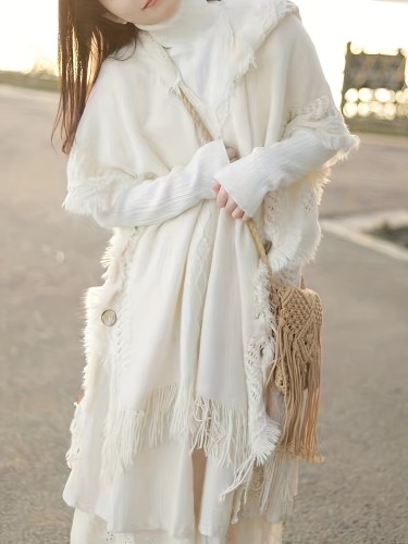 Chic Women's Hooded Poncho Sweater | High Elasticity & Tassel Trim | Solid Color, Knit Fabric - Perfect for Fall\u002FWinter Style
