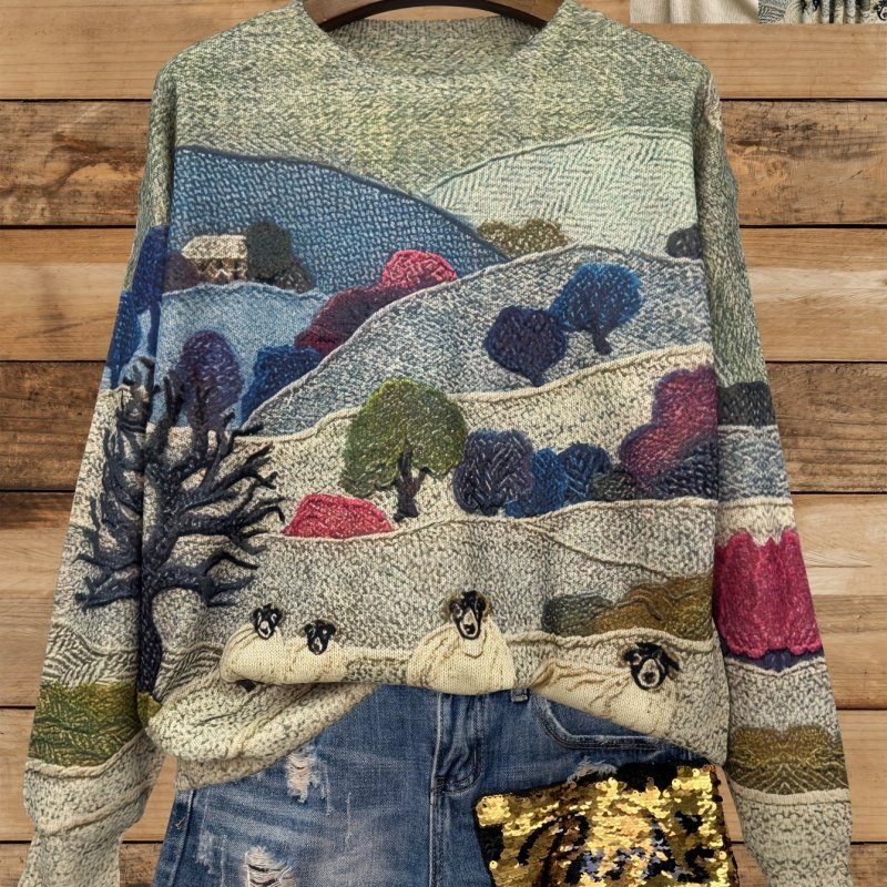 Sheep Pattern Crew Neck Sweater, Casual Long Sleeve Sweater For Fall & Winter, Women's Clothing