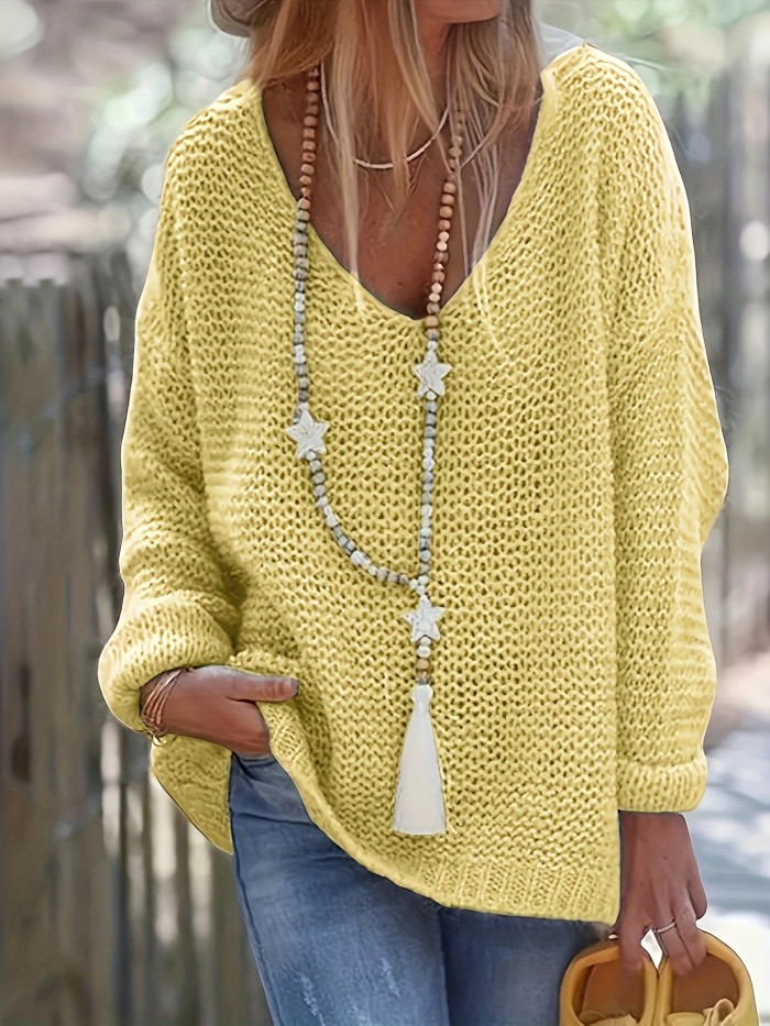 Chic V-Neck Knit Pullover - Cozy Long Sleeve for Spring & Autumn - Essential Womens Wear