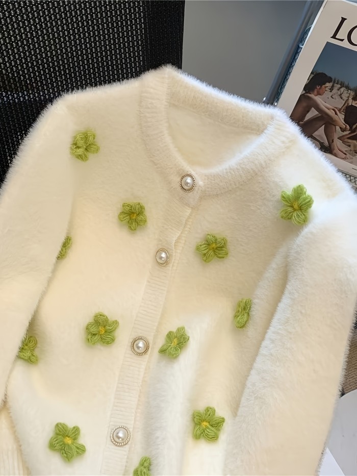 Chic Floral Embroidered Knit Cardigan - Cozy V-Neck, Long Sleeve Sweater for Women | Perfect for Fall & Winter