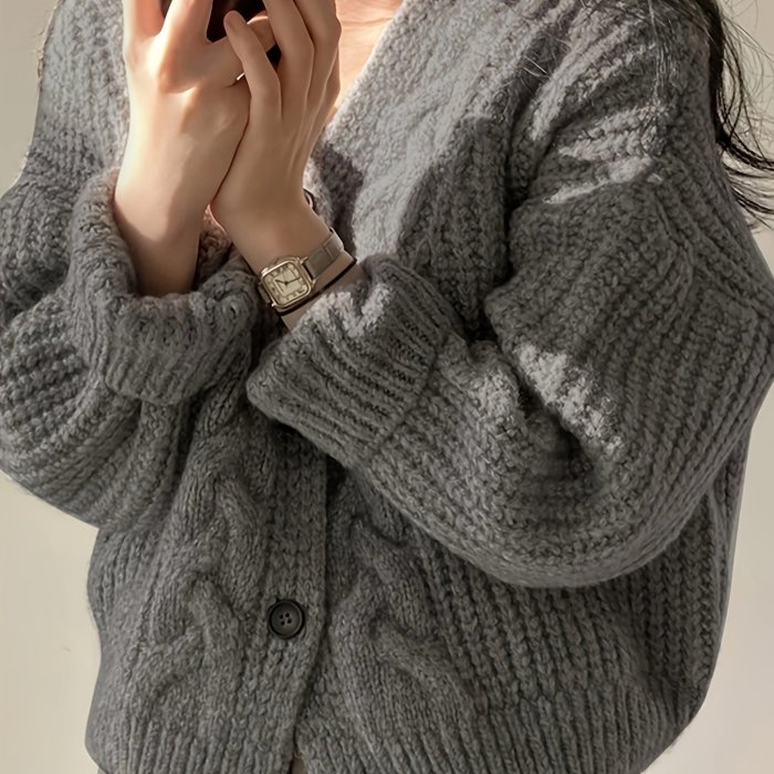 Valentine's Day Button Front Cardigan, Vintage Long Sleeve Chunky Knit Cardigan For Fall & Winter, Women's Clothing