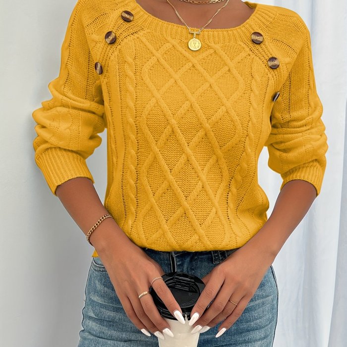 Cozy Long Sleeve Raglan Cable Knit Sweater - Soft Mid-Elastic Acrylic Fabric, Square Neck, Button Details, Regular Length, Solid Color, Perfect for Fall\u002FWinter - Casual Womens Knitwear for Everyday Wear