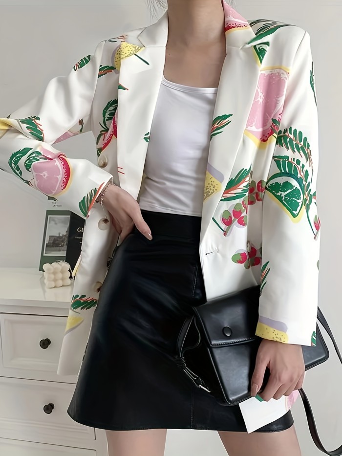 Fruit Print Button Front Blazer, Casual Long Sleeve Lapel Blazer For Spring & Fall, Women's Clothing