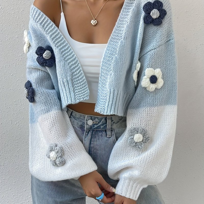 3D Floral Pattern Open Front Cardigans, Casual Color Block Drop Shoulder Long Sleeve Knitted Cardigans Top For Spring & Fall, Women's Clothing