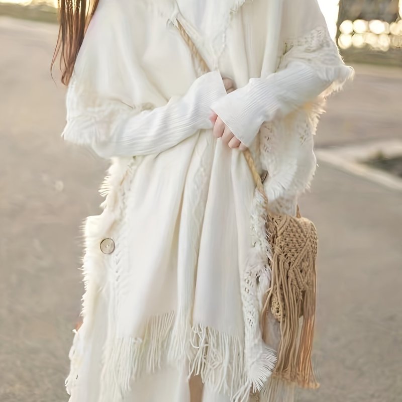 Chic Women's Hooded Poncho Sweater | High Elasticity & Tassel Trim | Solid Color, Knit Fabric - Perfect for Fall\u002FWinter Style
