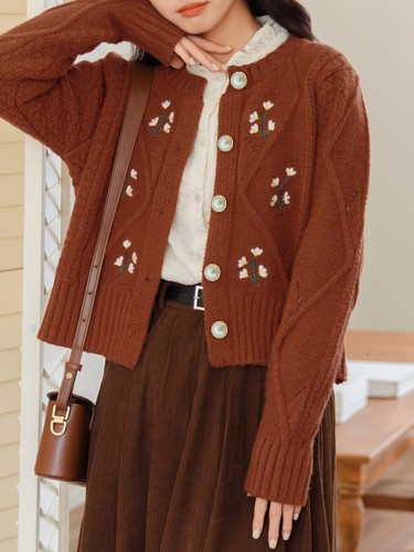 Floral Embroidery Crew Neck Cardigan, Casual Button Front Long Sleeve Cardigan For Fall, Women's Clothing