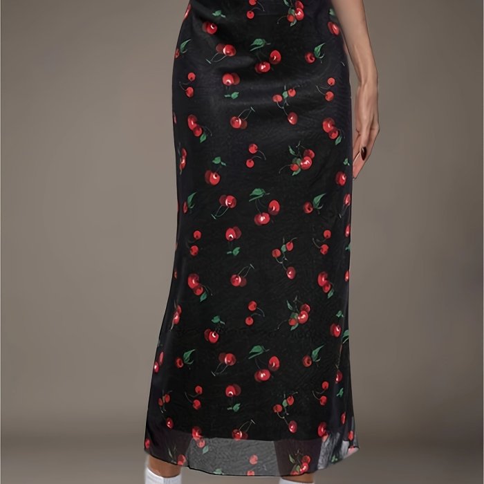 Cherry Print High Waist Skirt, Elegant Skirt For Spring & Summer, Women's Clothing