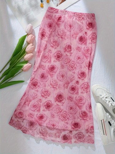 Floral Print Elastic Waist Skirt, Casual Skirt For Spring & Summer, Women's Clothing