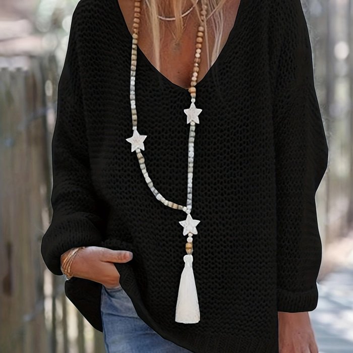 Chic V-Neck Knit Pullover - Cozy Long Sleeve for Spring & Autumn - Essential Womens Wear