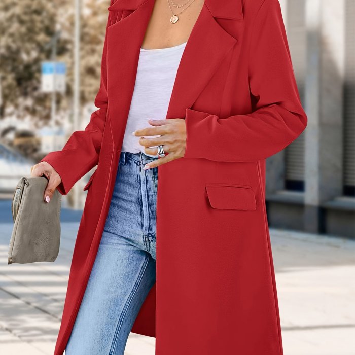 Solid Color Open Front Blazer, Elegant Lapel Neck Long Sleeve Loose Long Length Blazer For Spring & Fall, Women's Clothing