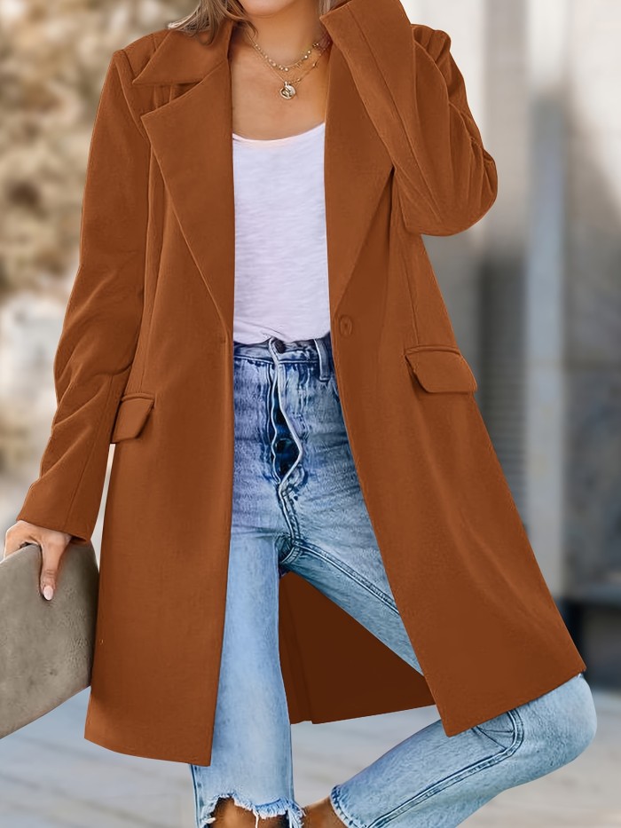 Solid Color Open Front Blazer, Elegant Lapel Neck Long Sleeve Loose Long Length Blazer For Spring & Fall, Women's Clothing