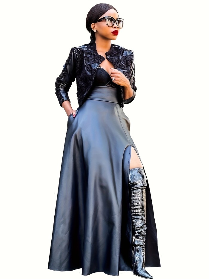 Elegant & Chic High-Waist PU Leather Skirt with Comfortable Side Slit - Durable, Perfect Fit for All Seasons