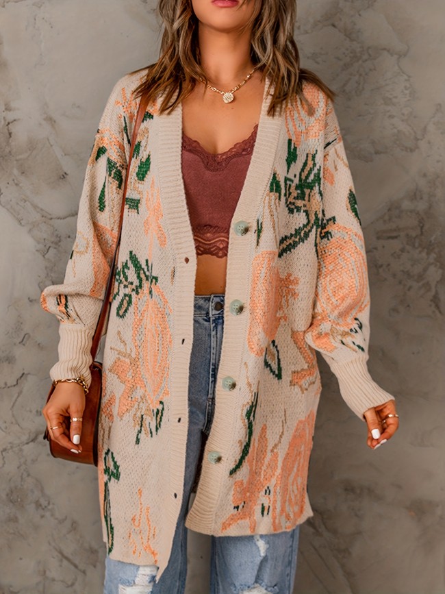 Floral Pattern Button Up Knit Cardigan, Casual Long Sleeve Loose Sweater, Women's Clothing