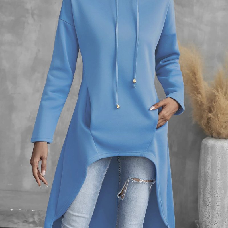 Vibrant Solid Color Hi-Lo Hoodie - Fashion Hoodies for Women - Soft, Casual, Long Sleeve Drawstring Sweatshirt with Adjustable Hem and Kangaroo Pocket - Perfect for Daily Wear and Outdoor Activities