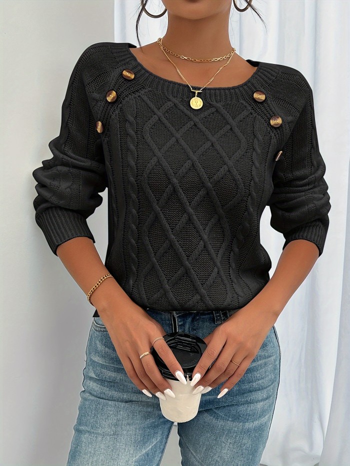 Cozy Long Sleeve Raglan Cable Knit Sweater - Soft Mid-Elastic Acrylic Fabric, Square Neck, Button Details, Regular Length, Solid Color, Perfect for Fall\u002FWinter - Casual Womens Knitwear for Everyday Wear