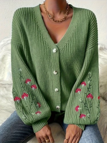 Cozy Plus Size Mushroom Embroidered Cardigan - Women Plus - Soft V Neck Lantern Sleeve Button Front Cardigan for Fall and Winter Fashion, Casual Comfortable Clothing for Curvy Women
