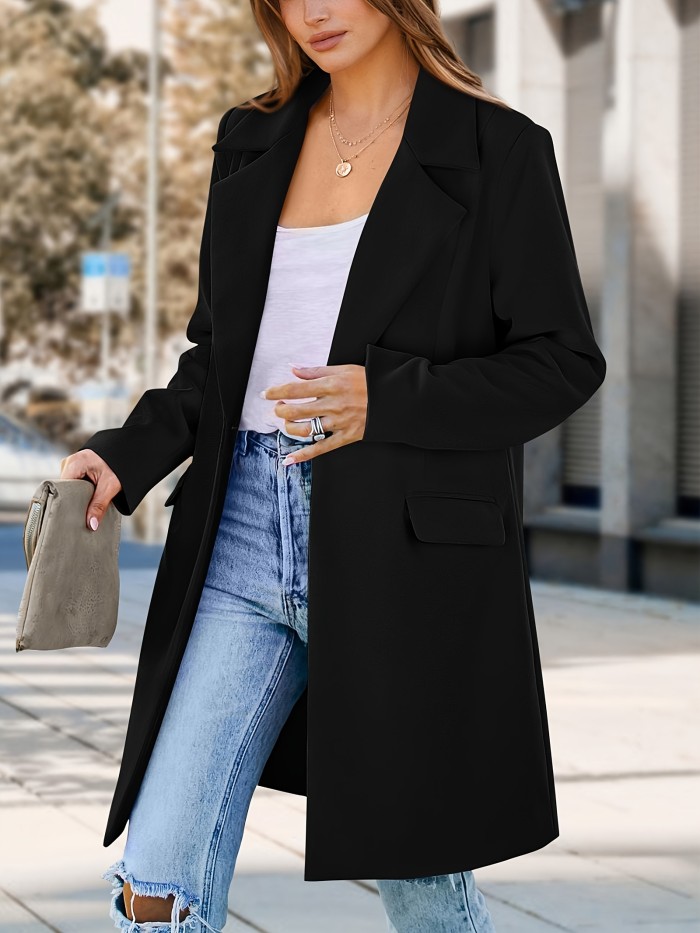 Solid Color Open Front Blazer, Elegant Lapel Neck Long Sleeve Loose Long Length Blazer For Spring & Fall, Women's Clothing