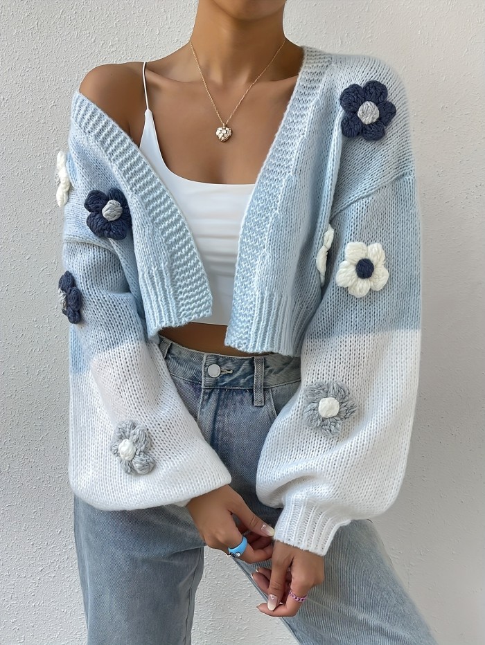 3D Floral Pattern Open Front Cardigans, Casual Color Block Drop Shoulder Long Sleeve Knitted Cardigans Top For Spring & Fall, Women's Clothing