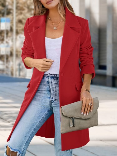Solid Color Open Front Blazer, Elegant Lapel Neck Long Sleeve Loose Long Length Blazer For Spring & Fall, Women's Clothing
