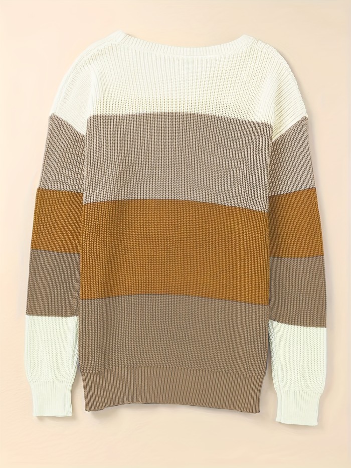 Vibrant Striped Knitwear Top - Soft Crew Neck Long Sleeve Pullover Sweater with Color Block Design, Relaxed Fit, and Cozy Fabric - Women's Casual Wear for Everyday Comfort