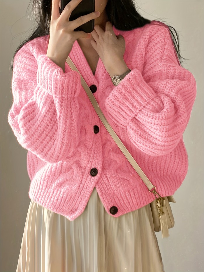 Valentine's Day Button Front Cardigan, Vintage Long Sleeve Chunky Knit Cardigan For Fall & Winter, Women's Clothing