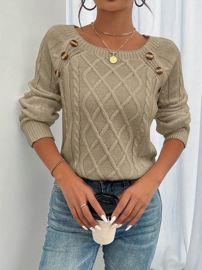 Cozy Long Sleeve Raglan Cable Knit Sweater - Soft Mid-Elastic Acrylic Fabric, Square Neck, Button Details, Regular Length, Solid Color, Perfect for Fall\u002FWinter - Casual Womens Knitwear for Everyday Wear