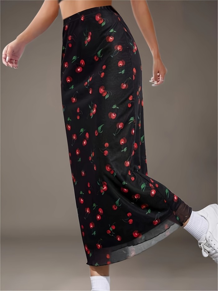 Cherry Print High Waist Skirt, Elegant Skirt For Spring & Summer, Women's Clothing